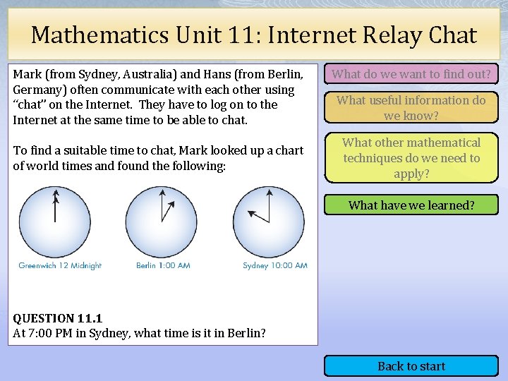 Mathematics Unit 11: Internet Relay Chat Mark (from Sydney, Australia) and Hans (from Berlin,