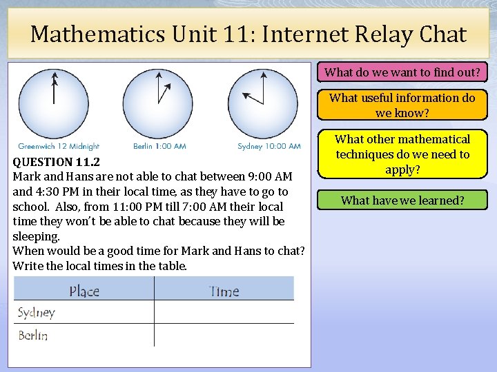 Mathematics Unit 11: Internet Relay Chat What do we want to find out? What