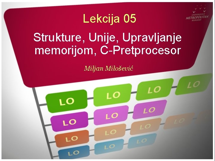 Lekcija 05 Strukture, Unije, Upravljanje memorijom, C-Pretprocesor Miljan Milošević 