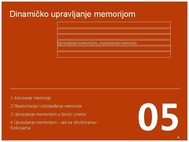 Dinamičko upravljanje memorijom Upravljanje memorijom, organizacija memorije 1. Alociranje memorije 2. Realociranje i oslobađanje