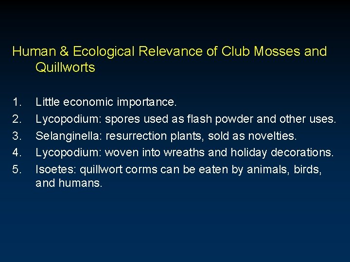 Human & Ecological Relevance of Club Mosses and Quillworts 1. 2. 3. 4. 5. Human & Ecological Relevance of Club Mosses and Quillworts 1. 2. 3. 4. 5.