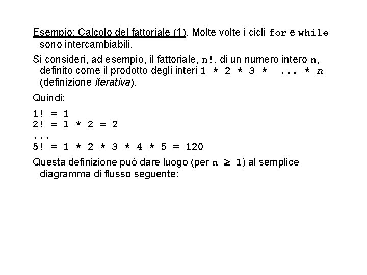 Esempio: Calcolo del fattoriale (1). Molte volte i cicli for e while sono intercambiabili.