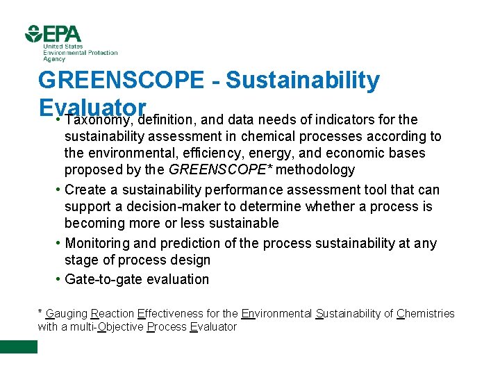 GREENSCOPE - Sustainability Evaluator • Taxonomy, definition, and data needs of indicators for the