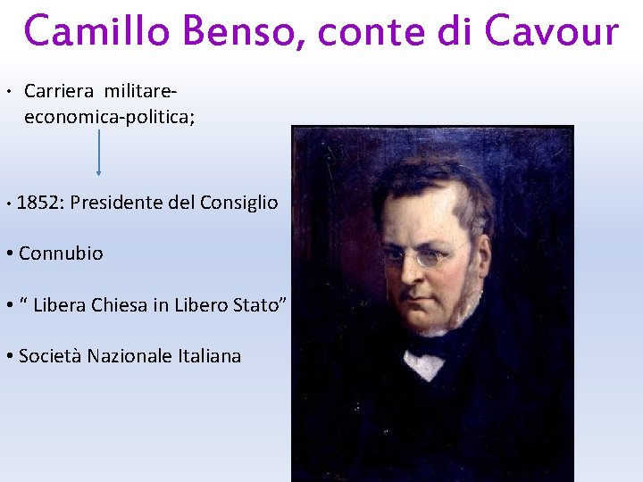 Camillo Benso, conte di Cavour • Carriera militareeconomica-politica; • 1852: Presidente del Consiglio •