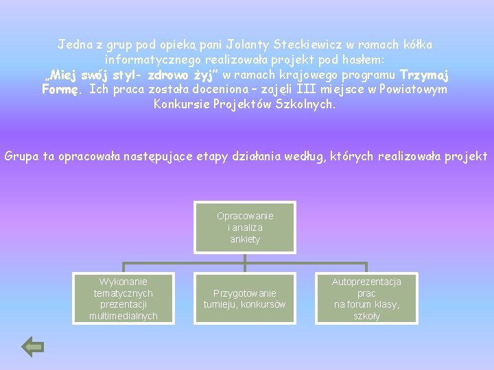 Jedna z grup pod opieką pani Jolanty Steckiewicz w ramach kółka informatycznego realizowała projekt