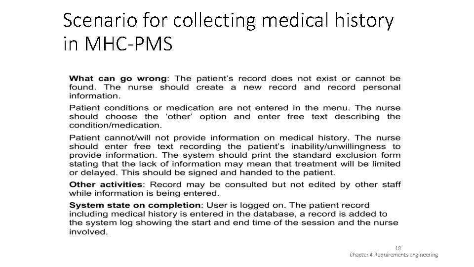 Scenario for collecting medical history in MHC-PMS 18 Chapter 4 Requirements engineering 