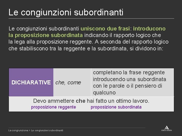 Le congiunzioni subordinanti uniscono due frasi: introducono la proposizione subordinata indicando il rapporto logico