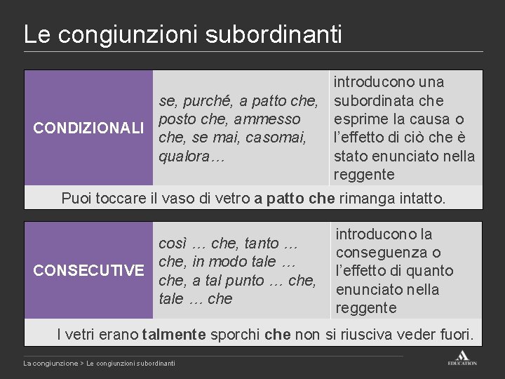 Le congiunzioni subordinanti introducono una se, purché, a patto che, subordinata che posto che,
