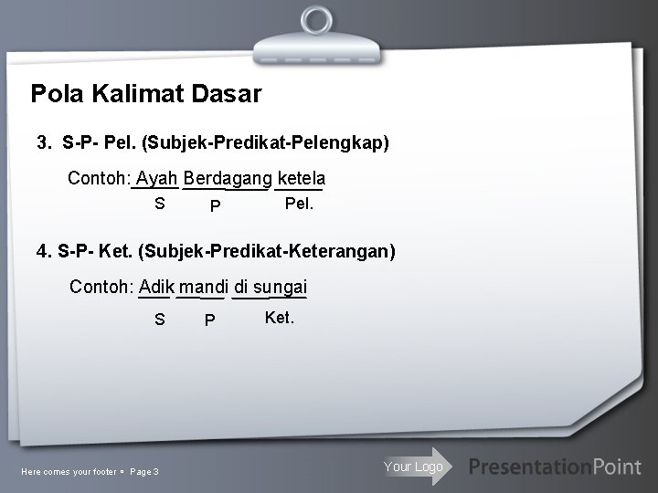 Pola Kalimat Dasar 3. S-P- Pel. (Subjek-Predikat-Pelengkap) Contoh: Ayah Berdagang ketela S P Pel.