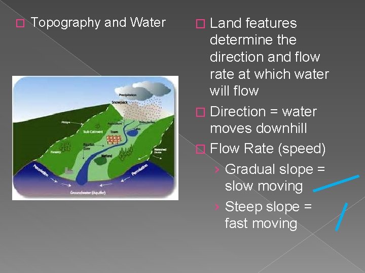 � Topography and Water Land features determine the direction and flow rate at which