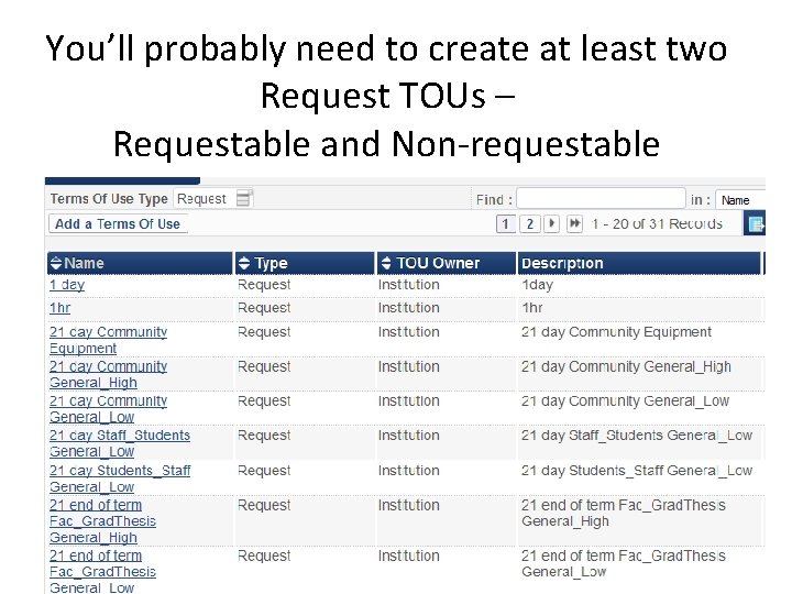 You’ll probably need to create at least two Request TOUs – Requestable and Non-requestable