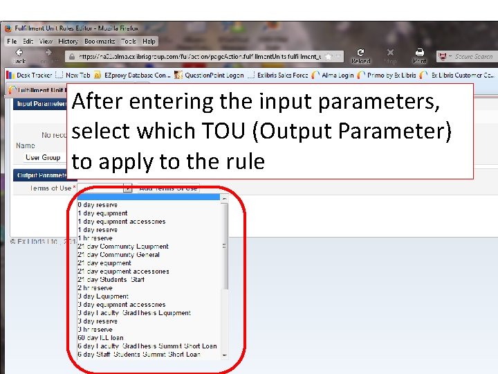 After entering the input parameters, select which TOU (Output Parameter) to apply to the