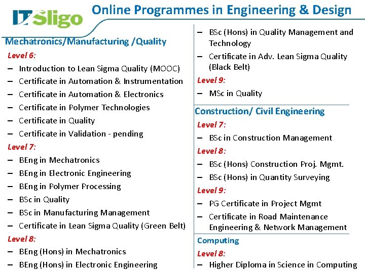 Online Programmes in Engineering & Design Mechatronics/Manufacturing /Quality – BSc (Hons) in Quality Management