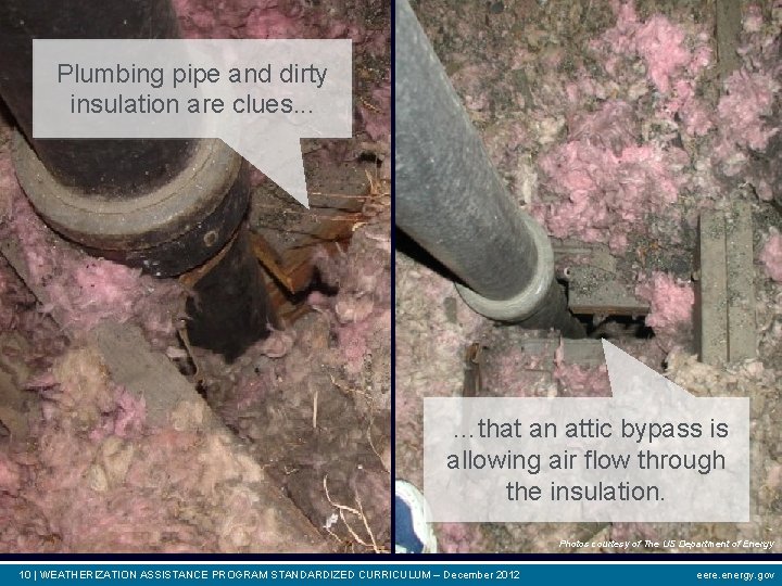 Plumbing pipe and dirty insulation are clues. . . …that an attic bypass is