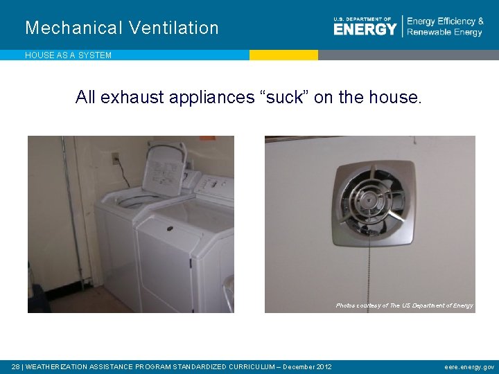 Mechanical Ventilation HOUSE AS A SYSTEM All exhaust appliances “suck” on the house. Photos