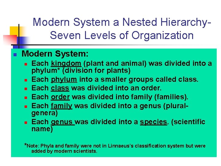 Modern System a Nested Hierarchy. Seven Levels of Organization n Modern System: n n