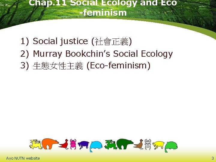 Chap. 11 Social Ecology and Eco -feminism 1) Social justice (社會正義) 2) Murray Bookchin’s