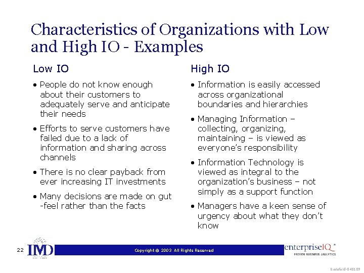 Characteristics of Organizations with Low and High IO - Examples Low IO High IO