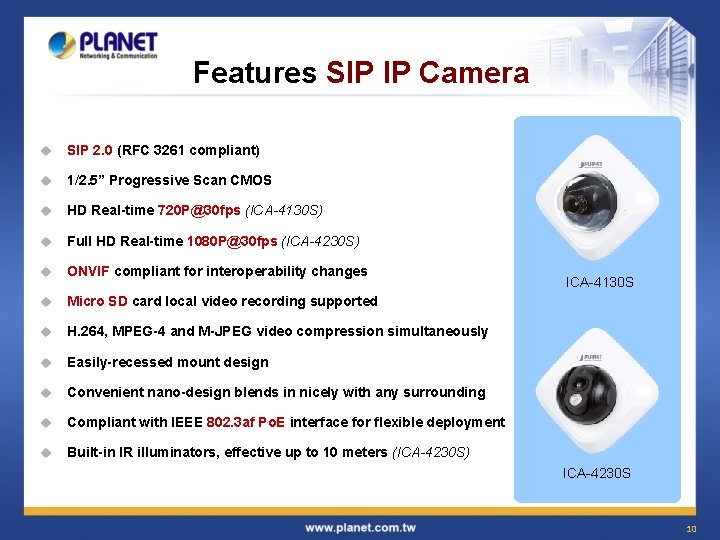Features SIP IP Camera u SIP 2. 0 (RFC 3261 compliant) u 1/2. 5”