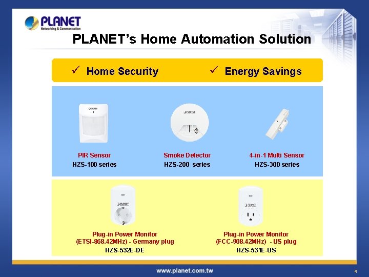 PLANET’s Home Automation Solution ü Home Security PIR Sensor HZS-100 series ü Energy Savings