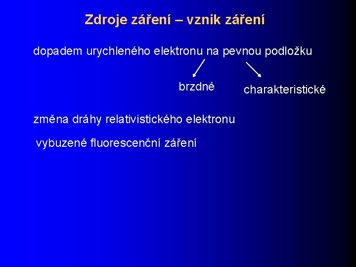 Zdroje záření – vznik záření dopadem urychleného elektronu na pevnou podložku brzdné změna dráhy