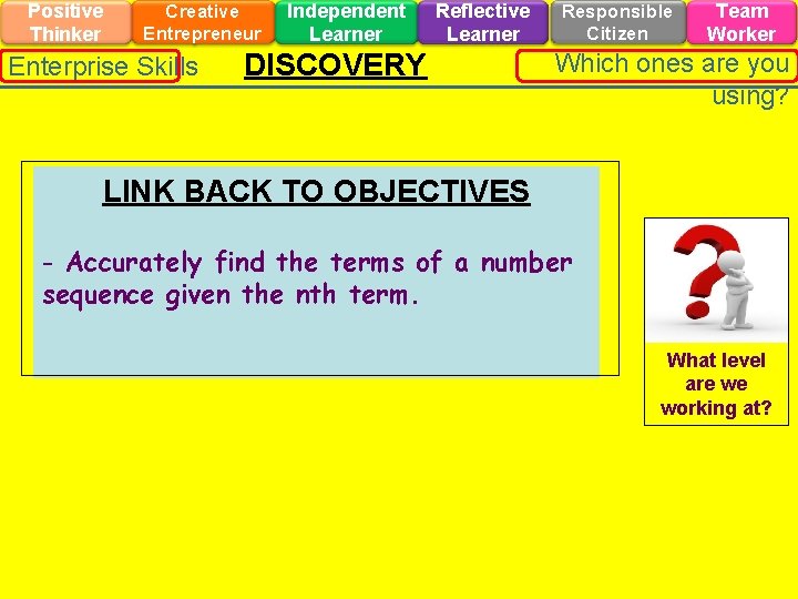 Positive Thinker Creative Entrepreneur Enterprise Skills Independent Learner Reflective Learner DISCOVERY Responsible Citizen Team