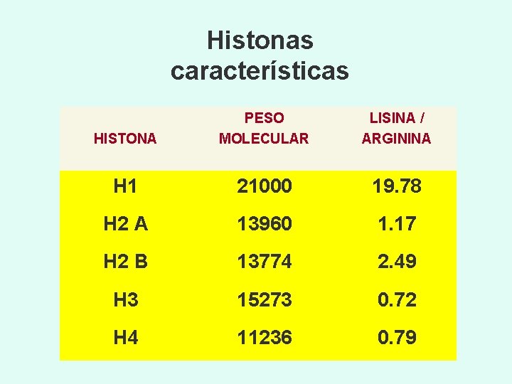 Histonas características HISTONA PESO MOLECULAR LISINA / ARGININA H 1 21000 19. 78 H