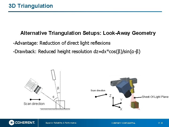 3 D Triangulation Alternative Triangulation Setups: Look-Away Geometry -Advantage: Reduction of direct light reflexions 3 D Triangulation Alternative Triangulation Setups: Look-Away Geometry -Advantage: Reduction of direct light reflexions