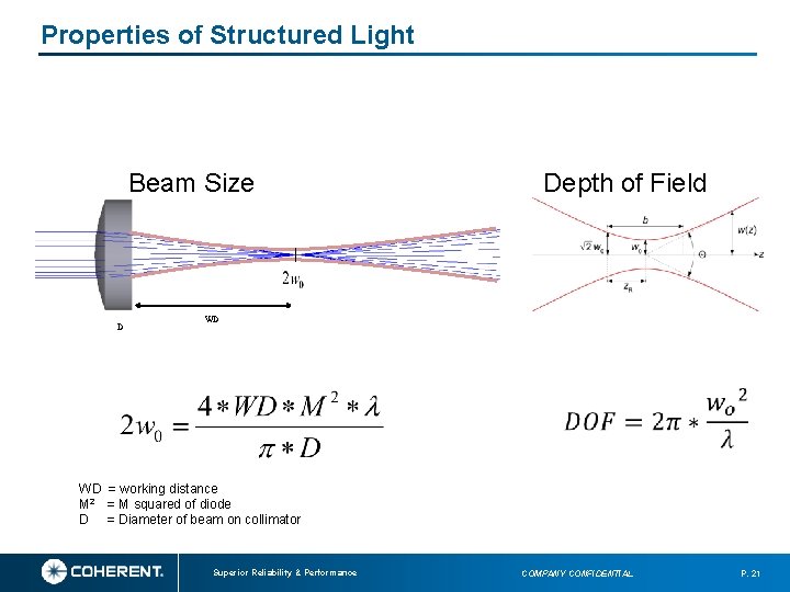 Properties of Structured Light Beam Size D Depth of Field WD WD = working Properties of Structured Light Beam Size D Depth of Field WD WD = working