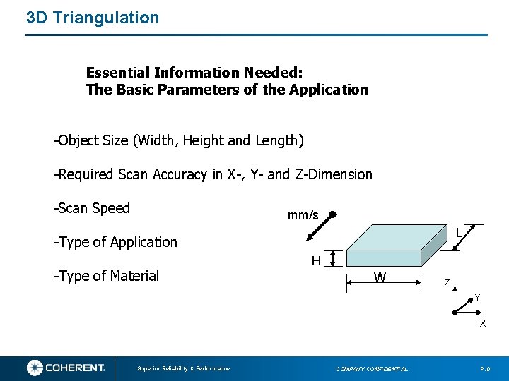 3 D Triangulation Essential Information Needed: The Basic Parameters of the Application -Object Size 3 D Triangulation Essential Information Needed: The Basic Parameters of the Application -Object Size