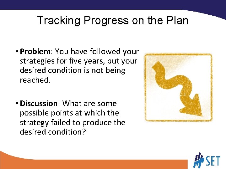 Tracking Progress on the Plan • Problem: You have followed your strategies for five