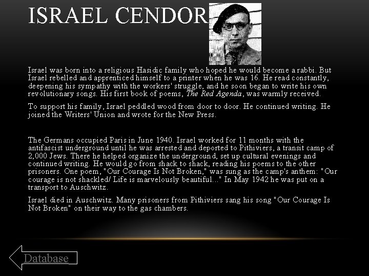 ISRAEL CENDORF Israel was born into a religious Hasidic family who hoped he would
