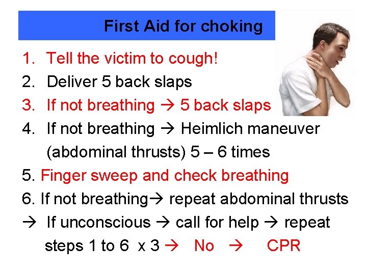 First Aid for choking 1. 2. 3. 4. Tell the victim to cough! Deliver