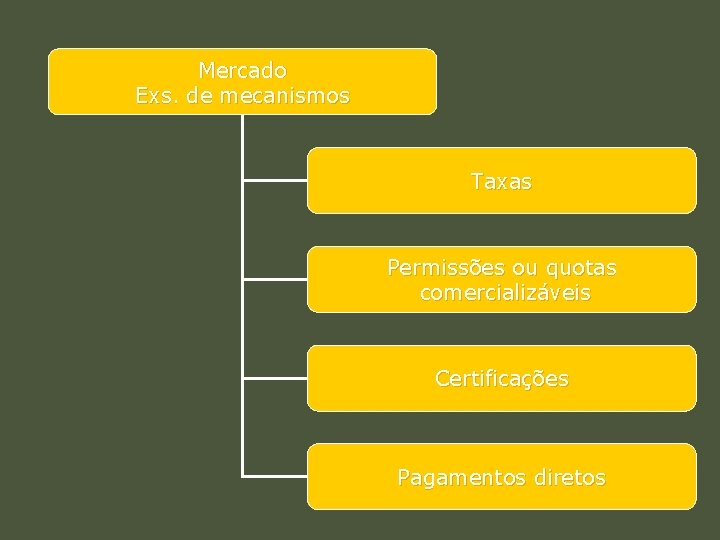 Mercado Exs. de mecanismos Taxas Permissões ou quotas comercializáveis Certificações Pagamentos diretos 