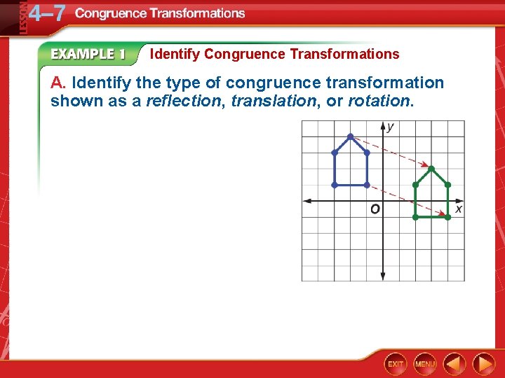 Identify Congruence Transformations A. Identify the type of congruence transformation shown as a reflection,