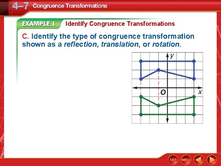 Identify Congruence Transformations C. Identify the type of congruence transformation shown as a reflection,