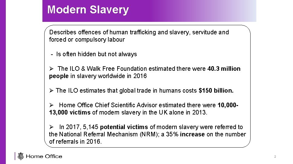 Modern Slavery Describes offences of human trafficking and slavery, servitude and forced or compulsory