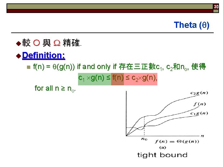 30 Theta ( ) u 較 O 與 精確. u Definition: f(n) = (g(n))
