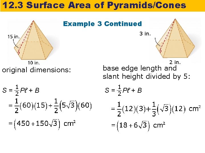 12. 3 Surface Area of Pyramids/Cones Example 3 Continued 3 in. 2 in. original