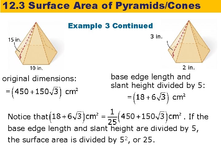 12. 3 Surface Area of Pyramids/Cones Example 3 Continued 3 in. 2 in. original