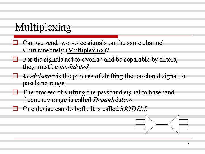Multiplexing o Can we send two voice signals on the same channel simultaneously (Multiplexing)? Multiplexing o Can we send two voice signals on the same channel simultaneously (Multiplexing)?