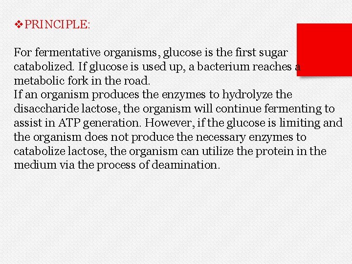 v. PRINCIPLE: For fermentative organisms, glucose is the first sugar catabolized. If glucose is
