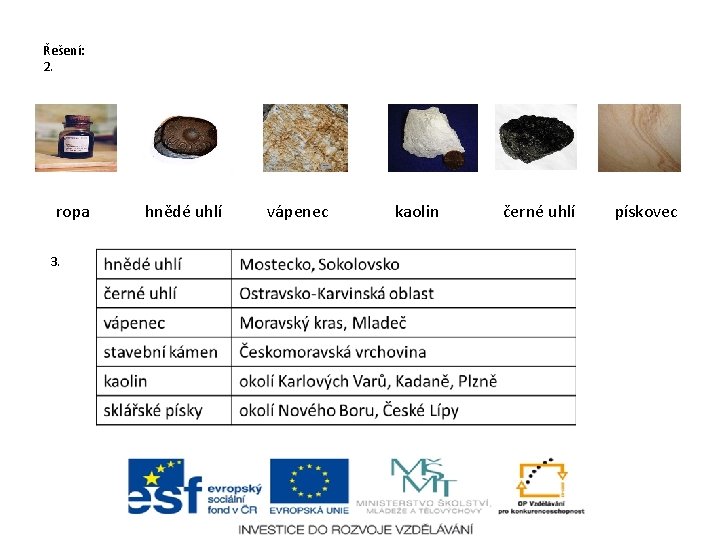 Řešení: 2. . ropa 3. hnědé uhlí vápenec kaolin černé uhlí pískovec 