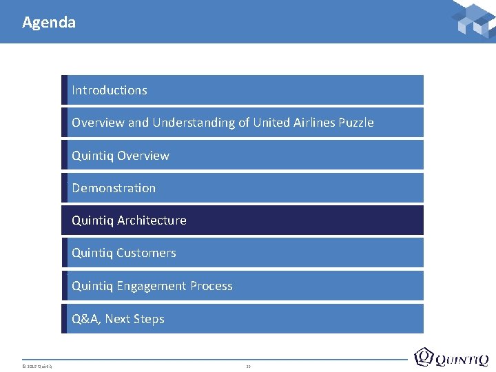 Agenda Introductions Overview and Understanding of United Airlines Puzzle Quintiq Overview D Demonstration e