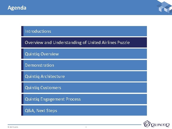 Agenda Introductions Overview and Understanding of United Airlines Puzzle Quintiq Overview D Demonstration e