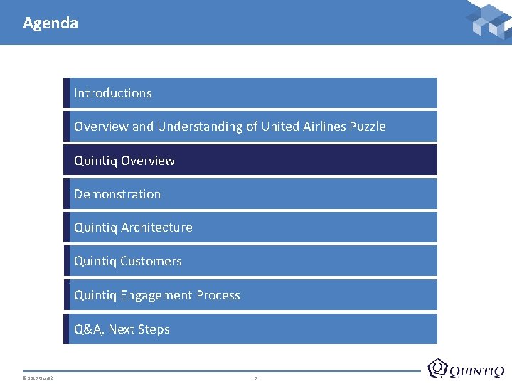 Agenda Introductions Overview and Understanding of United Airlines Puzzle Quintiq Overview D Demonstration e