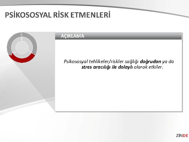 AÇIKLAMA Psikososyal tehlikeler/riskler sağlığı doğrudan ya da stres aracılığı ile dolaylı olarak etkiler. ZİNDE