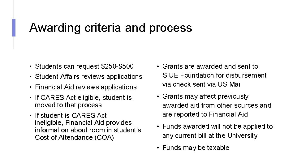 Awarding criteria and process • Students can request $250 -$500 • Student Affairs reviews