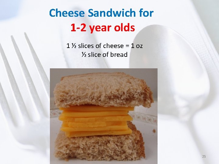 Cheese Sandwich for 1 -2 year olds 1 ½ slices of cheese = 1