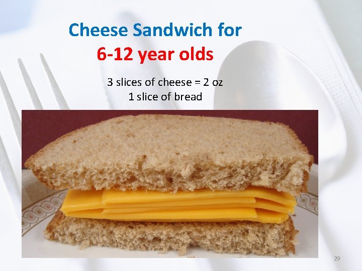 Cheese Sandwich for 6 -12 year olds 3 slices of cheese = 2 oz